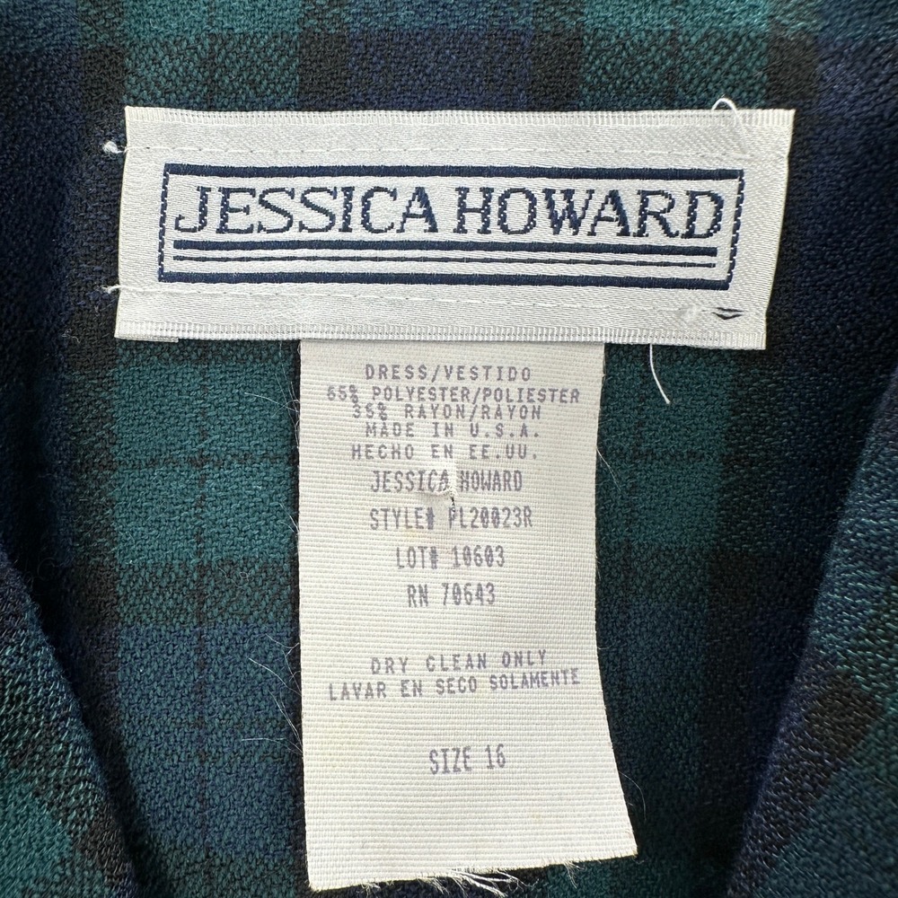 VTG Jessica Howard Tartan Plaid Dress 16 Green Blue Velvet Collar Equestrian - Picture 6 of 7
